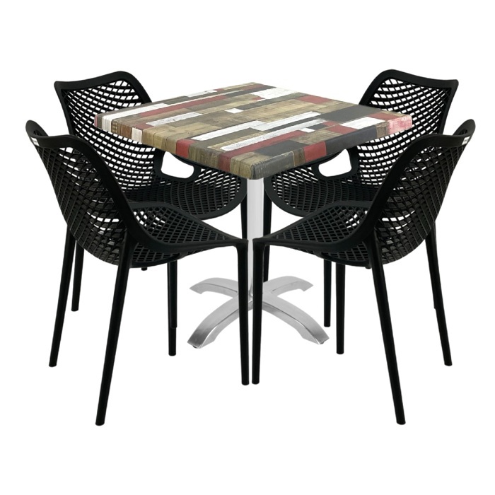 Set mobilier de exterior cafenea, 4 scaune London Air negru suprapozabile cu masa patrata 80x80x74cm Raki Maple blat werzalit,baza  aluminiu