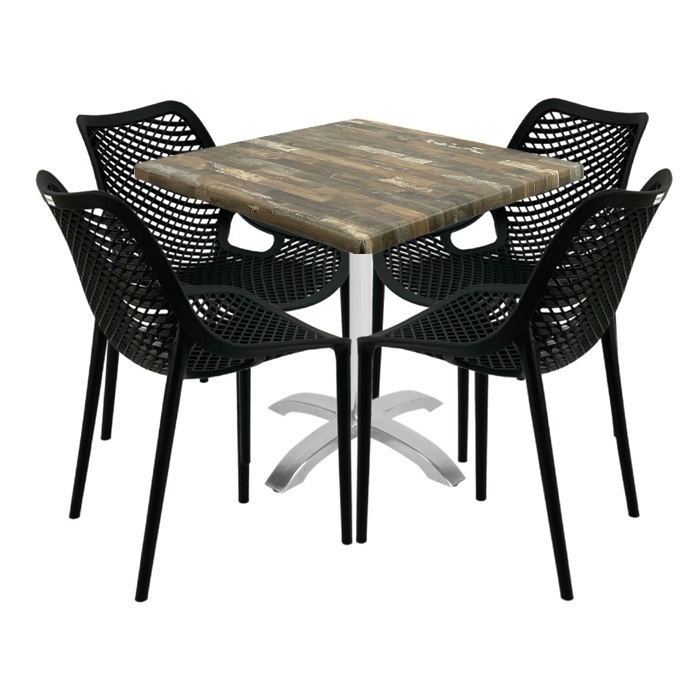 Set mobilier de exterior cafenea, 4 scaune London Air negru suprapozabile cu masa patrata 80x80x74cm Raki Maple blat werzalit,baza  aluminiu