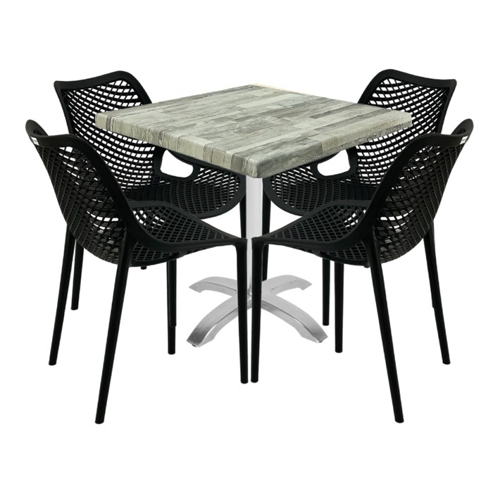 Set mobilier de exterior cafenea, 4 scaune London Air negru suprapozabile cu masa patrata 80x80x74cm Raki Maple blat werzalit,baza  aluminiu