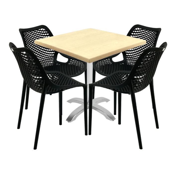Set mobilier de exterior cafenea, 4 scaune London Air negru suprapozabile cu masa patrata 80x80x74cm Raki Maple blat werzalit,baza  aluminiu