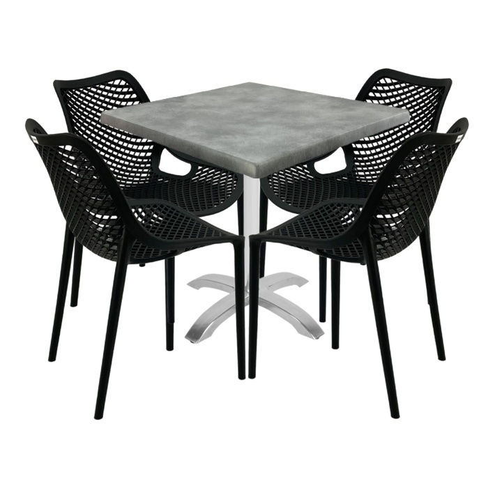 Set mobilier de exterior cafenea, 4 scaune London Air negru suprapozabile cu masa patrata 80x80x74cm Raki Maple blat werzalit,baza  aluminiu