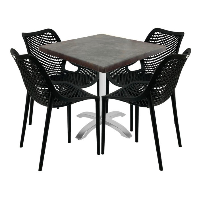 Set mobilier de exterior cafenea, 4 scaune London Air negru suprapozabile cu masa patrata 80x80x74cm Raki Maple blat werzalit,baza  aluminiu