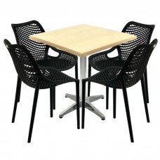Set mobilier de exterior restaurant, 4 scaune London Air negru suprapozabile cu masa patrata 80x80x74cm Raki Maple blat werzalit si baza aluminiu