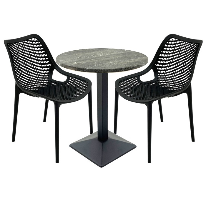 Set mobilier de terasa , 2 scaune London Air negru suprapozabile cu masa rotunda 70x72cm Raki MAPLE blat werzalit si baza metalica culoare negru