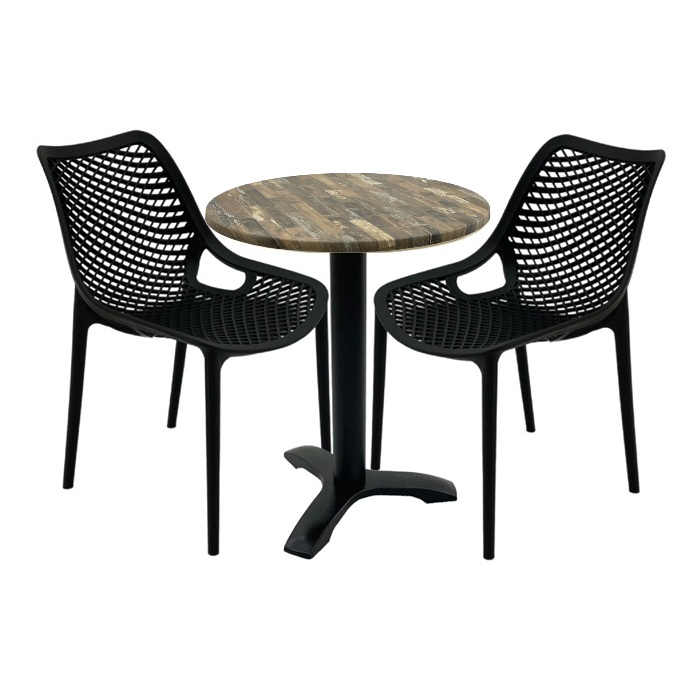 Set mobilier de terasa restaurant, scaune London Air negru suprapozabile cu masa rotunda 60x72cm Raki MAPLE blat werzalit si picior metalic culoare negru