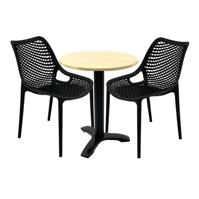 Set mobilier de terasa restaurant, scaune London Air negru suprapozabile cu masa rotunda 60x72cm Raki MAPLE blat werzalit si picior metalic culoare negru