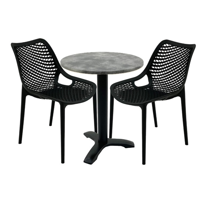 Set mobilier de terasa restaurant, scaune London Air negru suprapozabile cu masa rotunda 60x72cm Raki MAPLE blat werzalit si picior metalic culoare negru
