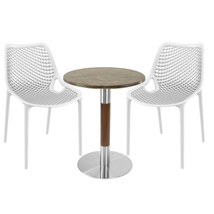 Set mobilier Raki Maple pentru bistro, scaune London Air albe cu masa rotunda 60x74cm blat werzalit si,crom aspect lemn,argintiu