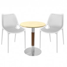 Set mobilier Raki Maple pentru bistro, scaune London Air albe cu masa rotunda 60x74cm blat werzalit si,crom aspect lemn,argintiu