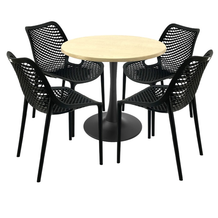 Set mobilier restaurant 5 piese, 4 scaune London Air negru suprapozabile cu masa rotunda 80x74cm Raki MAPLE blat werzalit si picior cu baza rotunda,negru
