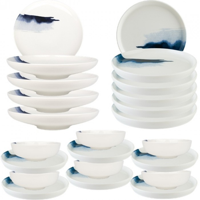 Set serviciu de masa 24 piese Bonna Bluie Wave 6 farfurii 22cm,6 farfurii 28cm cu 6 farurii adanci  28cm,1600ml. 6 boluri 14cm