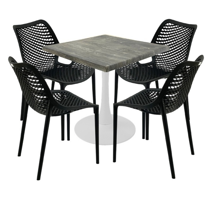 Set terasa outdoor, 4 scaune London Air negru suprapozabile cu masa patrata 80x80x74cm Raki Maple blat werzalit si picior cu baza rotunda,alb