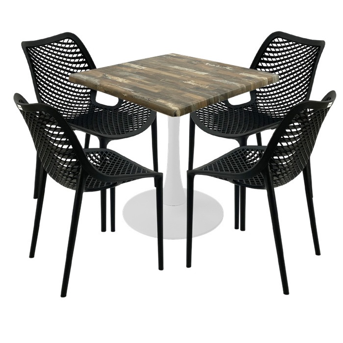 Set terasa outdoor, 4 scaune London Air negru suprapozabile cu masa patrata 80x80x74cm Raki Maple blat werzalit si picior cu baza rotunda,alb