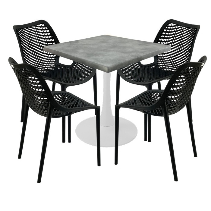 Set terasa outdoor, 4 scaune London Air negru suprapozabile cu masa patrata 80x80x74cm Raki Maple blat werzalit si picior cu baza rotunda,alb
