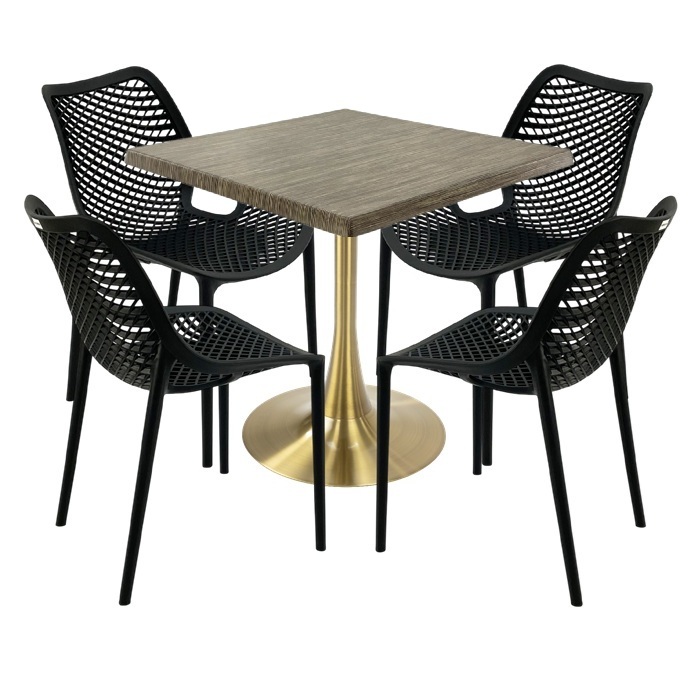 Set terasa outdoor, masa Raki Maple 80x80x74cm blat werzalit,4 scaune London Air negru suprapozabile, picior cu baza rotunda,auriu