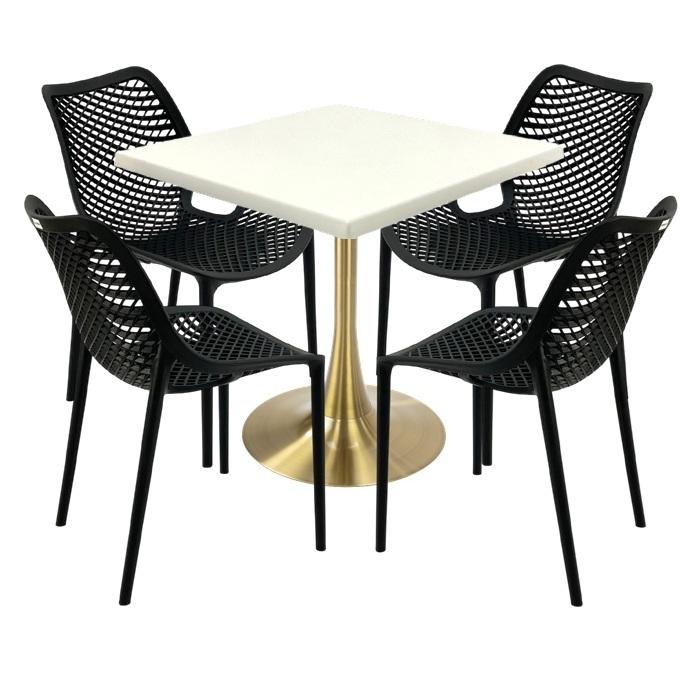 Set terasa outdoor, masa Raki Maple 80x80x74cm blat werzalit,4 scaune London Air negru suprapozabile, picior cu baza rotunda,auriu