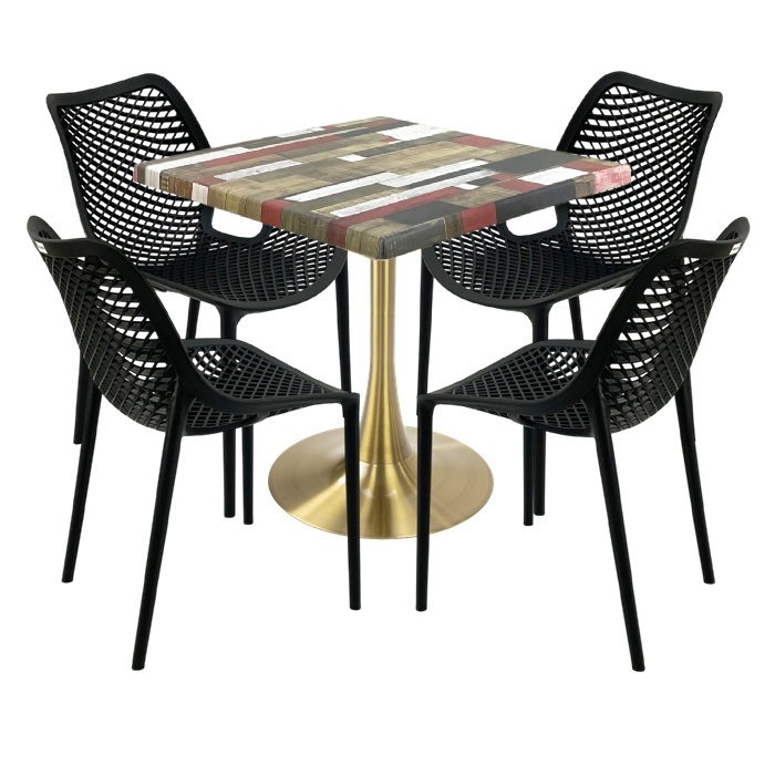 Set terasa outdoor, masa Raki Maple 80x80x74cm blat werzalit,4 scaune London Air negru suprapozabile, picior cu baza rotunda,auriu