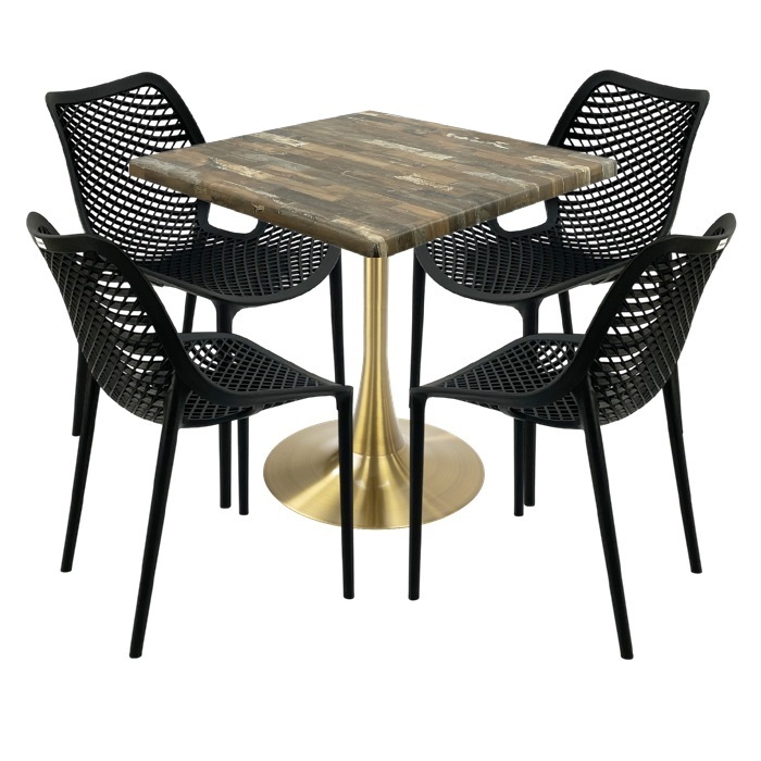 Set terasa outdoor, masa Raki Maple 80x80x74cm blat werzalit,4 scaune London Air negru suprapozabile, picior cu baza rotunda,auriu