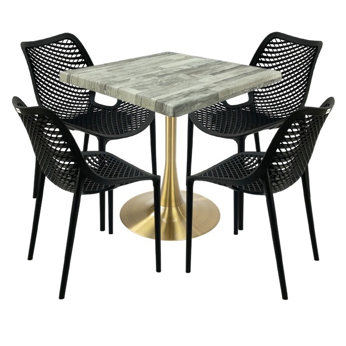 Set terasa outdoor, masa Raki Maple 80x80x74cm blat werzalit,4 scaune London Air negru suprapozabile, picior cu baza rotunda,auriu