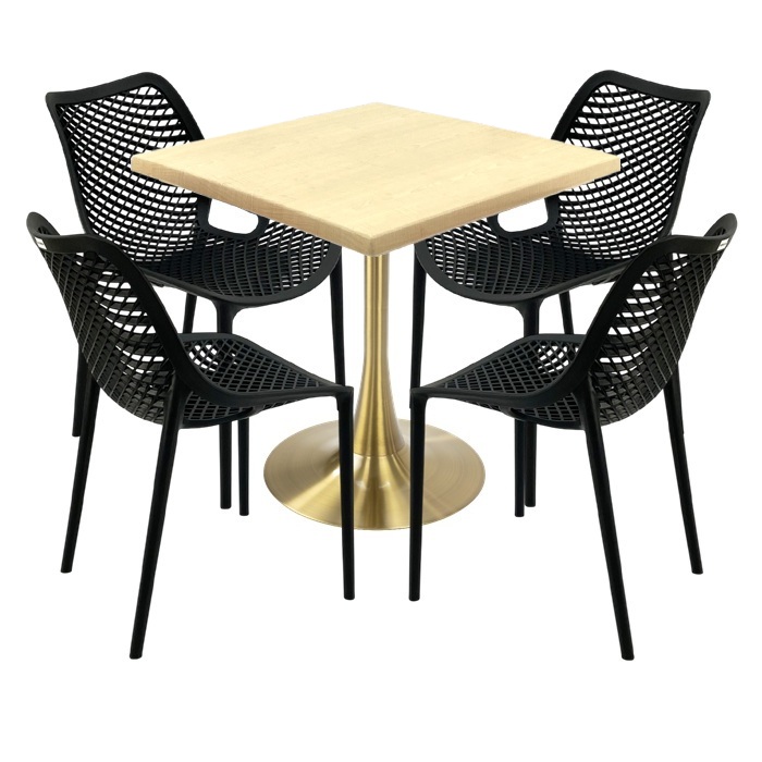 Set terasa outdoor, masa Raki Maple 80x80x74cm blat werzalit,4 scaune London Air negru suprapozabile, picior cu baza rotunda,auriu