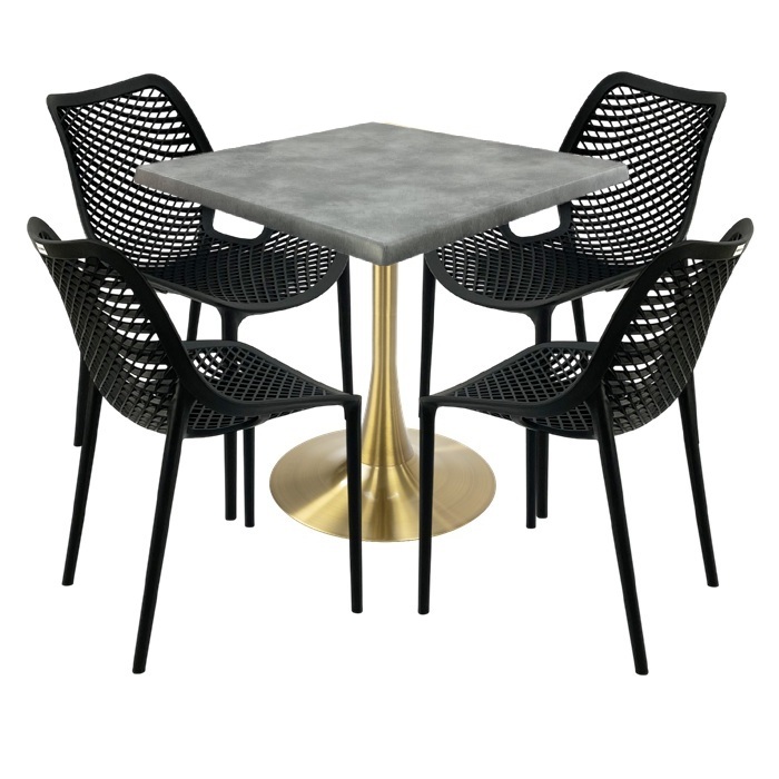 Set terasa outdoor, masa Raki Maple 80x80x74cm blat werzalit,4 scaune London Air negru suprapozabile, picior cu baza rotunda,auriu