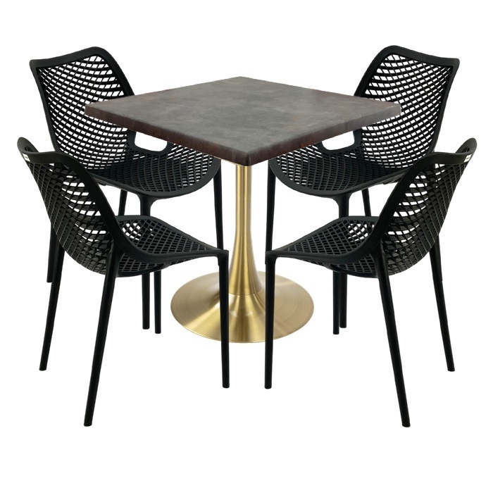 Set terasa outdoor, masa Raki Maple 80x80x74cm blat werzalit,4 scaune London Air negru suprapozabile, picior cu baza rotunda,auriu