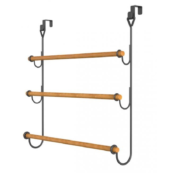 Suport de usa cu 3 bare bambus pentru prosoape 32x18x62cm