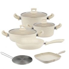 Set 9 piese Hascevher Germanitium 2 oale 3l si 4,9l cu capac, cratita 3,9l cu capac, tigaie 22cm, tigaie grill 28cm granit-crem, adaptor plita inductie