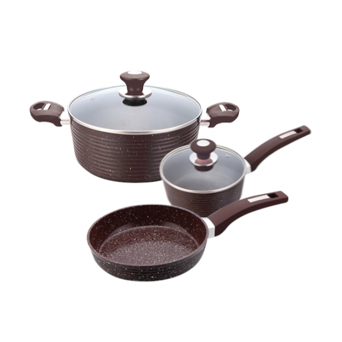 Set 5 piese inductie CULINARO ECO oala cu capac 24cm, cratita 18cm cu capac si tigaie 28cm aluminiu cu strat ceramic antiaderent marmorat, maro