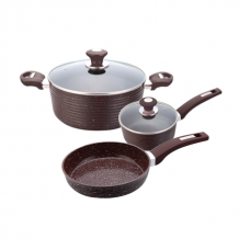 Set 3 vase de gatit inductie CULINARO ECO oala cu capac 28cm, cratita 18cm cu capac si tigaie 28cm aluminiu cu strat ceramic antiaderent marmorat, maro