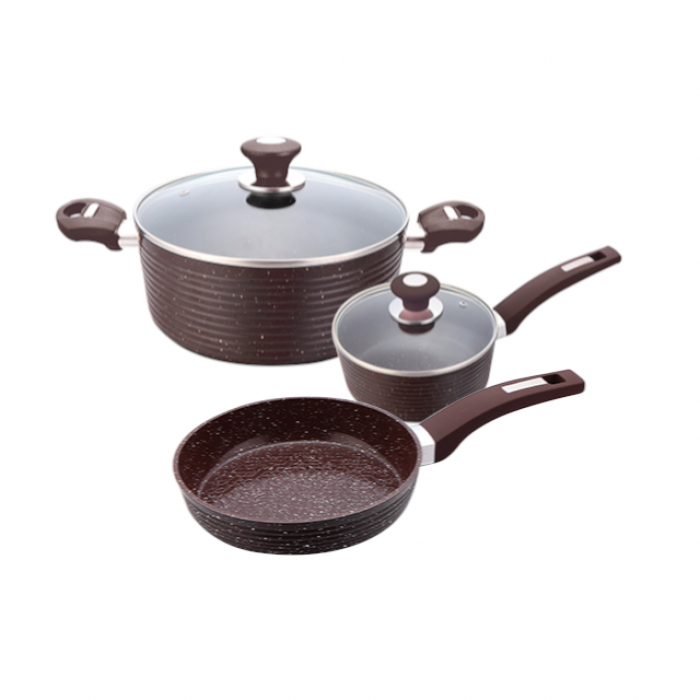 Set 3 vase de gatit inductie CULINARO ECO oala cu capac 28cm, cratita 18cm cu capac si tigaie 26cm aluminiu cu strat ceramic antiaderent marmorat, maro