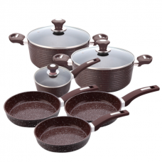 Set 9 piese de gatit inductie CULINARO ECO, 2 oale cu capac 24cm, 28cm, cratita 18cm cu capac, tigaie 24cm, 26cm, 28cm aluminiu cu strat ceramic antiaderent marmorat, maro
