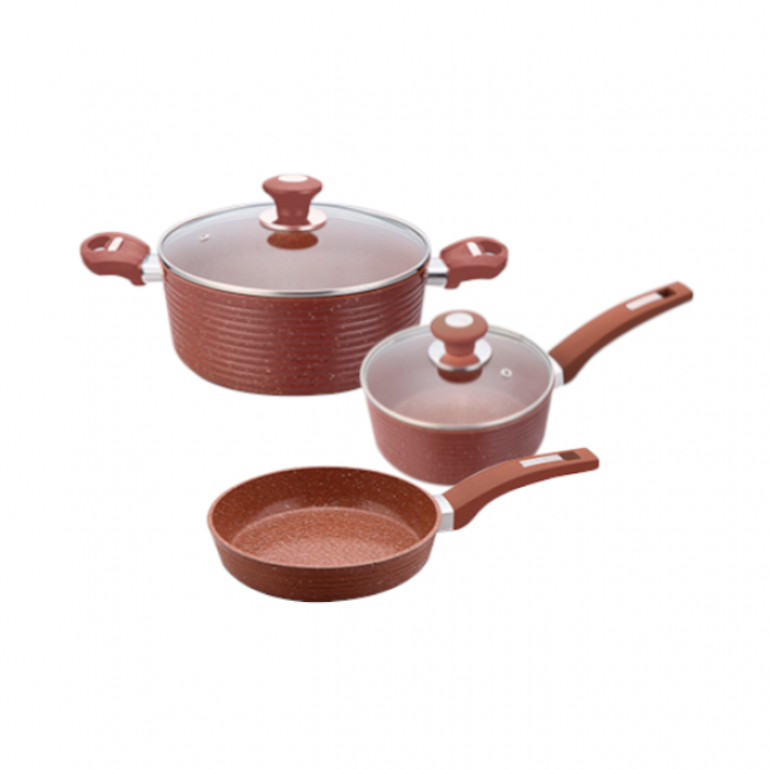 Set 5 piese inductie CULINARO ECO oala cu capac 24cm, cratita cu capac 18cm si tigaie 24cm aluminiu cu strat ceramic antiaderent marmorat, caramiziu