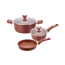Set 5 piese inductie CULINARO ECO oala cu capac 24cm, cratita cu capac 18cm si tigaie 26cm aluminiu cu strat ceramic antiaderent marmorat, caramiziu