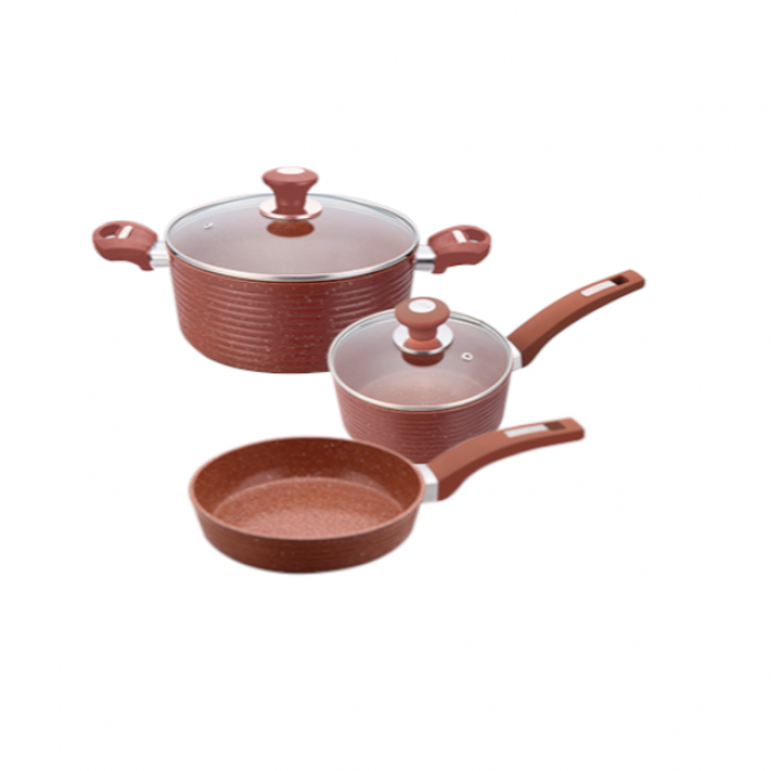 Set 3 vase de gatit inductie CULINARO ECO oala cu capac 28cm, cratita cu capac 18cm si tigaie 24cm aluminiu cu strat ceramic antiaderent marmorat, caramiziu