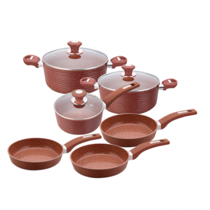 Set 9 piese inductie CULINARO ECO, 2 oale cu capac 24cm, 28cm, cratita 18cm cu capac, tigaie 24cm, 26cm, 28cm aluminiu cu strat ceramic antiaderent marmorat, caramiziu