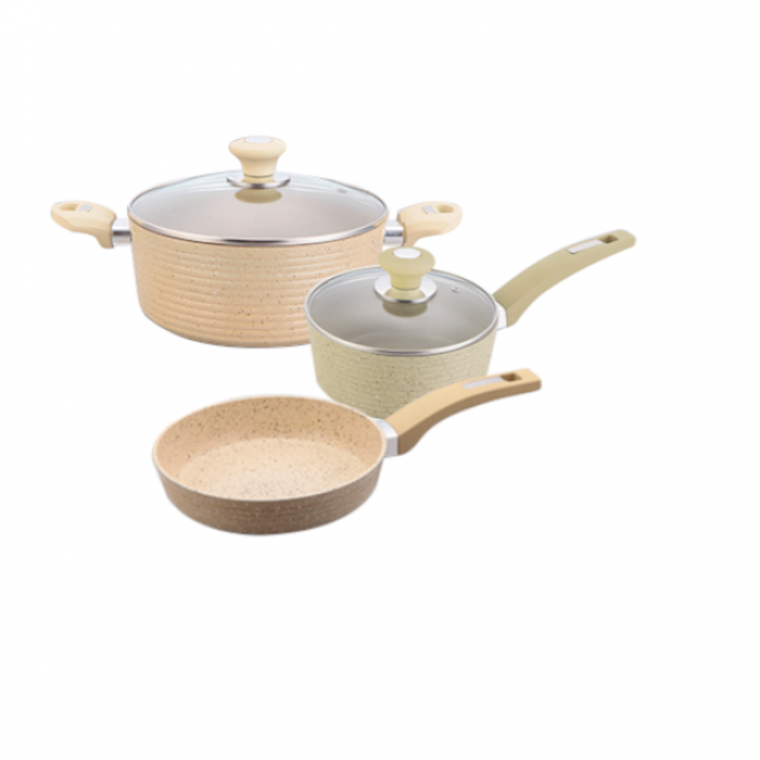 Set 5 piese inductie CULINARO ECO oala cu capac 24cm, cratita cu capac 18cm si tigaie 24cm aluminiu cu strat ceramic antiaderent marmorat, crem