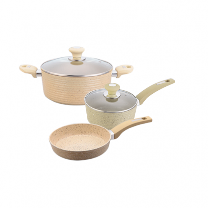 Set 3 vase de gatit inductie CULINARO ECO oala cu capac 28cm, cratita cu capac 18cm si tigaie 28cm aluminiu cu strat ceramic antiaderent marmorat, crem