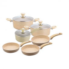 Set 9 piese de gatit inductie CULINARO ECO, 2 oale cu capac 24cm, 28cm, cratita 18cm , tigaie 24cm, 26cm, 28cm aluminiu cu strat ceramic antiaderent marmorat, crem
