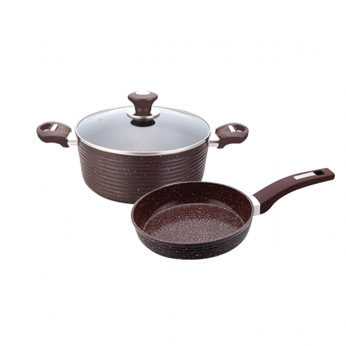 Set vase inductie CULINARO ECO oala cu capac 24cm si tigaie 26cm aluminiu cu strat ceramic antiaderent marmorat, maro