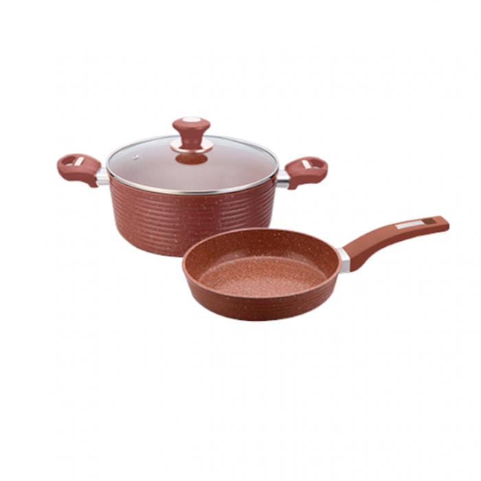 Set vase inductie CULINARO ECO oala cu capac 28cm si tigaie 28cm aluminiu cu strat ceramic antiaderent marmorat, caramiziu