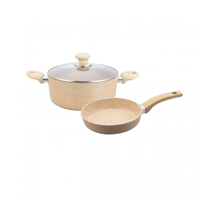 Set vase inductie CULINARO ECO oala cu capac 24cm si tigaie 24cm aluminiu cu strat ceramic antiaderent marmorat, crem