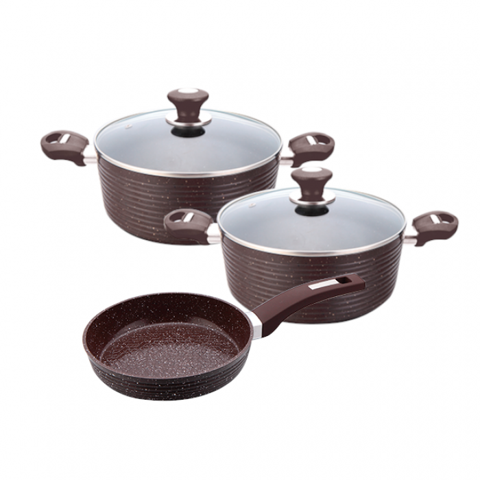 Set vase inductie CULINARO ECO, 2 oale cu capac 24cm, 28cm si tigaie 26cm aluminiu cu strat ceramic antiaderent marmorat, maro