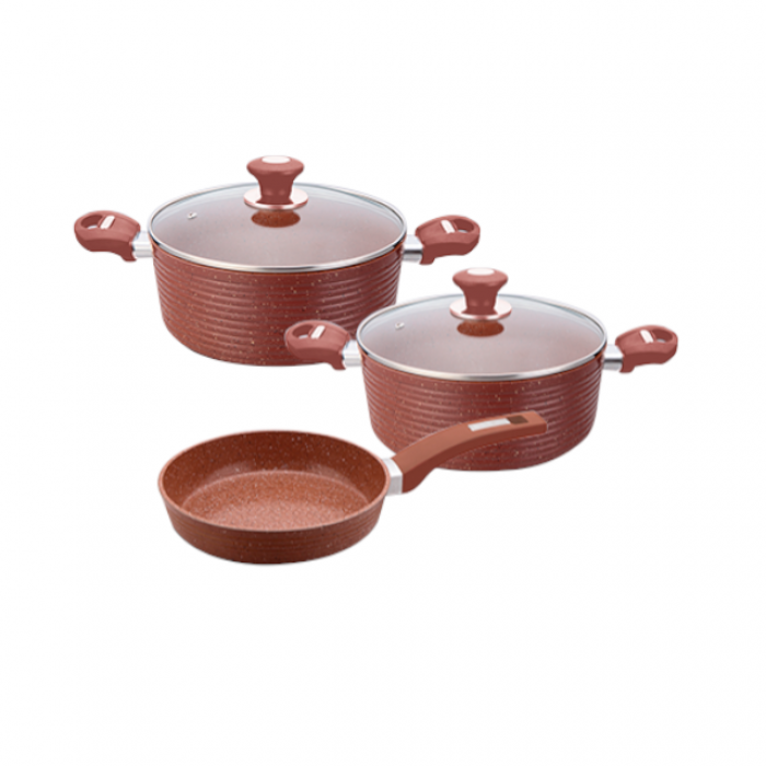 Set vase inductie CULINARO ECO, 2 oale cu capac 24cm, 28cm si tigaie 26cm aluminiu cu strat ceramic antiaderent marmorat, caramiziu