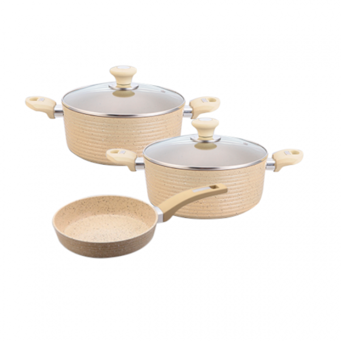 Set vase inductie CULINARO ECO, 2 oale cu capac 24cm, 28cm si tigaie 26cm aluminiu cu strat ceramic antiaderent marmorat, crem