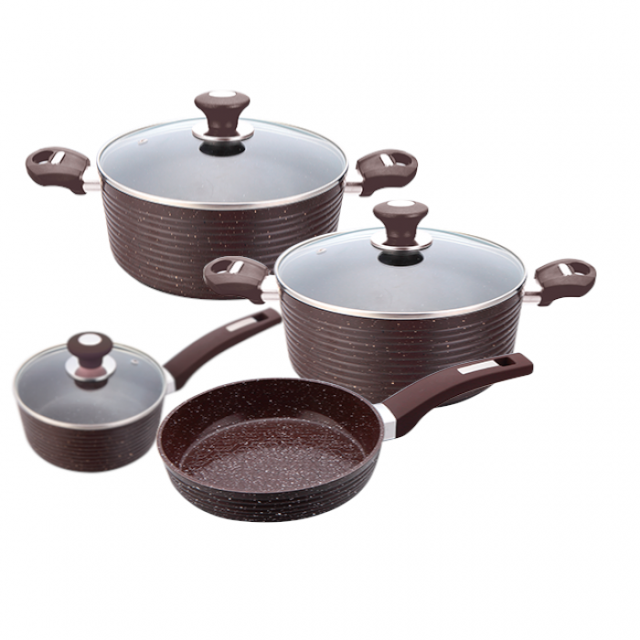 Set vase inductie CULINARO ECO, 2 oale cu capac 24cm, 28cm, tigaie 28cm, cratita cu capac 18cm, aluminiu cu strat ceramic antiaderent marmorat, maro