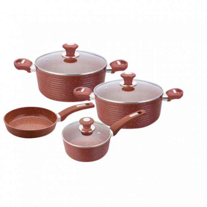 Set vase inductie CULINARO ECO, 2 oale cu capac 24cm, 28cm, tigaie 28cm, cratita 18cm cu capac, aluminiu cu strat ceramic antiaderent marmorat, caramiziu