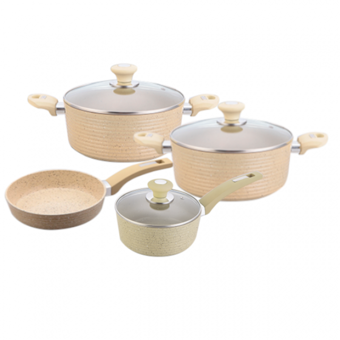 Set vase inductie CULINARO ECO, 2 oale cu capac 24cm, 28cm, tigaie 28cm, cratita 18cm cu capac, aluminiu cu strat ceramic antiaderent marmorat, crem