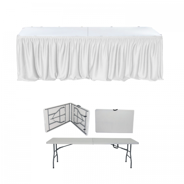 Set pentru catering, evenimente, masa pliabila tip valiza 244x76xh74cm CULINARO si fusta de masa alba
