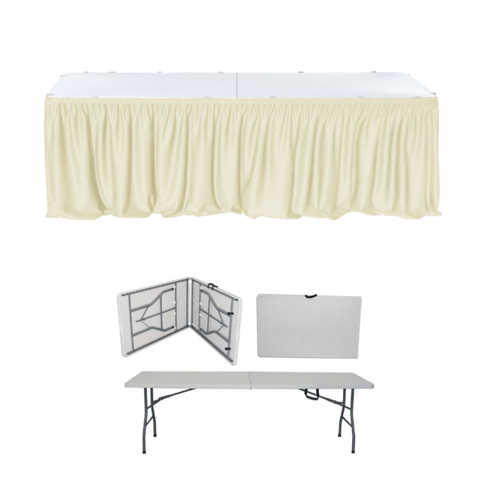 Set pentru catering, evenimente, masa pliabila tip valiza 244x76xh74cm CULINARO si fusta de masa ivory